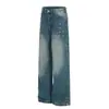 L831 Estilo High Street Americano Unisex Gama Alta Azul Lavado Remache Diseño Metálico Jeans Rectos Holgados para Hombre