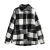 En stock abrigo de felpa a cuadros para mujer europeo y americano todo-partido manga larga moda de invierno casual abrigo tipo camisa a cuadros blanco y negro