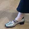 Sapatilhas Quadradas Estilo Francês de Pele de Ovelha para Mulheres, Sapatos de Couro de Salto Alto com Laço, Boca Rasa, Sapatos Mary Jane Retrô de Salto Grosso