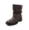 Chica Dulce y Fresca~Hebilla de Cinturón Botas de Plataforma Otoño/Invierno 2026 Tacón Medio Grueso Piel de Vaca Punta Redonda Piel Genuina Botines Cortos Sueltos para Mujer