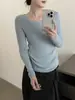 Top de punto de lana de color liso a rayas con cuello en U y manga larga estilo francés para mujer, 26 otoño nuevo, top básico ajustado para el trabajo