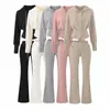 Novo Estilo 2026 Roupa Relaxada Preguiçosa para Mulheres, Top Cardigan com Capuz Sexy de Corrente com Strass para Marcar a Cintura com Calças Casuais Ligeiramente Flare