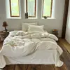 Juego de ropa de cama de algodón original sin teñir de lino y algodón, clase A, con textura suave, color liso, diseño simple y funda de edredón con cierre de corbata, juego de cuatro piezas