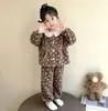 Roupas de Casa/Pijama de Outono/Inverno Infantil Meninas Estilo Coreano Cardigan Doce Pijama Quente Conjunto de Renda para Bebê Roupas Infantis