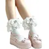 Meias Lolita Artesanais Estilo Japonês Originais para Meninas com Acabamento em Renda Multicamadas, Laço, Corrente de Pérolas e Meias de Algodão de Cano Médio