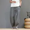 Calça masculina listrada retrô, fina de verão, estilo chinês, seda gelada respirável, perna larga, estilo harém, calça casual solta e com bom caimento