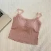 Estilo Deseo Puro Borde de Encaje Floral Tirante Delgado Pequeño con Almohadilla en el Pecho Decoración de Botones Verano Dulce Chica Picante Top sin Mangas