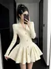Vestido de malha com gola estilo rica francesa feminino outono e inverno cintura marcada justo saia curta com letra