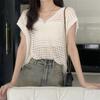 Delgada Moda Elegante Calado Cuello en V Tejido de Seda de Hielo para Mujer Verano Holgado Aspecto Adelgazante Manga Murciélago Protección Solar Top Camiseta