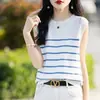Top regata de tricô de seda gelada listrado sem mangas, estilo chique francês, transfronteiriço, para mulheres, fino para o verão, rejuvenescedor, bonito e estiloso
