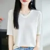Estilo Minimalista Cuello en V Holgado Casual Versátil Tejido Manga Corta Mujer Verano Delgado Transpirable Base Blanca Camiseta Top