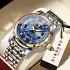 Binbang Movimiento de Cuarzo Productos Genuinos Impermeable Luminoso Moda de Negocios Doble Calendario Correa de Acero con Incrustaciones de Diamantes Hebilla de Mariposa Reloj de Hombre