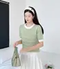2024 Verano Nuevo Diseño de Ganchillo Hueco Estilo Coreano Tejido Elegante Top Base de Manga Corta con Cuello Redondo para Mujer