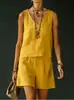 2026 Verano Nuevo Estilo Casual Sin Mangas Lino Algodón Top Chaleco Pantalones Cortos Conjunto de Dos Piezas para Mujer Personalización