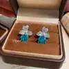 Pendientes de Tachuela Octagonales Rosa Milenio Corte Rosa Aquamarina Ultra Brillantes de Lujo Ligero Francés para Mujer Pendientes de Trébol de Cuatro Hojas Completamente Incrustados con Diamantes de Moda