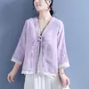 Roupas femininas estilo chinês, blusa versátil bordada de manga três quartos soltinha, traje de chá vintage com botões de nó chinês tradicionais, jaqueta estilo antigo