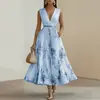 2026 Vestido Largo de Gasa Estampada de Dobladillo Ancho sin Mangas con Cuello en V Estilo Europeo y Americano para Mujer Verano Elegante Temperamento