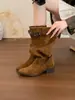 Botas Altas de Tacón Grueso con Punta y Plisados Estilo Francés para Mujer 2026 Otoño Botas Largas hasta Media Pantorrilla Botas de Vaquero Occidental para Montar Mujer