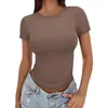 2025 Casual de Verão Versátil Ajustado Gola Redonda Alta Camiseta Manga Curta Slim Estilo Hot Girl Europeu e Americano Tops Efeito Emagrecedor