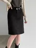 Saia Midi Reta com Barra Enrolada Estilo Coreano Lu Xi para Mulheres 26 Outono Versátil para o Trabalho com Cinto Saia Midi em Linha A 10069