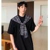 Camisa T-shirt Masculina de Verão Fina Estilo Americano, Peça Falsa Dupla com Xale Embutido, Casual Solta Versátil de Manga Curta para Homens