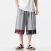 Verano Nuevo Pantalones Cortos de Tres Cuartos Estampados Bloques de Color para Hombre Estilo Chino Juvenil Casual Retro Holgados de Algodón y Lino Rectos
