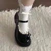 Zapatos Mary Jane redondos con lazo de encaje estilo lindo para mujer, negro, una hebilla, con falda, zapatos pequeños de cuero, de corte bajo, zapatos individuales