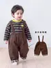 Atuendo de invierno elegante y moderno para niños, top de bebé niño a rayas con dibujos animados y tirantes desmontables, ropa de invierno para niños