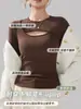 Blusa de Manga Longa com Proteína de Seda e Gola Cruzada, Camiseta Versátil para Outono e Inverno para Mulheres, Blusa Branca para Usar por Baixo ou por Fora