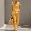 Conjunto cruzado europeo y americano para mujer, estilo casual perezoso, cárdigan de manga corta y pantalones largos, color liso