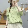 Camisa de gasa de algodón de doble capa con estampado floral para mujer, de manga larga, estampado floral artístico vintage, suave y agradable para la piel, algodón puro, top de corte holgado