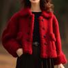 Abrigo de Lana de Cordero Rojo para Mujeres Menudas en su Año Zodiacal, Temporada de Invierno 2026, Estilo Socialité, Chaqueta Corta de Lana Polar con Artesanía Pesada