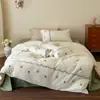 Juego de Cuatro Piezas de Algodón de Fibra Larga Cepillado Otoño e Invierno Estilo Pastoral Coreano 100% Algodón Funda de Edredón Gruesa con Lazo Sábana Funda de Almohada 1.2m