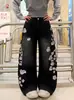 Jeans preto de perna larga e corte curvo bordado com flor de ameixeira, estilo único para mulheres, calça longa de cintura alta, lavagem vintage, corte solto