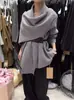 Suéter de tricô elegante com gola cachecol estilo francês para mulheres, outono casual folgado emagrecedor com amarração, branco, tamanho único