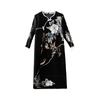 Vestido plissado solto de comprimento médio com fivela de gola redonda feminino 2024 verão novo elegante estilo chinês saia estampada