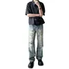Exclusivo para Comércio TransfronteiriçoJeans Patchwork Vintage Desgastado para Homens com Cortes de Faca, Manchas de Tinta e Design de Lavagem Suja