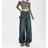 Jeans de perna larga com design patchwork personalizado em estilo retrô americano para mulheres, novas calças retas largas emagrecedoras nostálgicas para primavera e outono