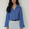 Camisa Retro Azul de Manga Larga para Mujer 2026 Nuevo Estilo Principios de Primavera Top Holgado y Versátil