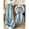 Chao Li tem estoque, comprimento duplo da calça, bordado retrô americano, jeans de cintura alta e perna larga, feminino, solto, modelador, reto, calça cimitarra