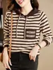 Suéter de Tricô Listrado com Capuz Estilo Coreano Tendência Primavera e Outono 2026 Manga Longa Feminino Camada Base Top de Outono