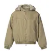 Jaqueta acolchoada de inverno masculina com forro de pelo sintético de vison, capuz removível e estilo workwear em lona desgastada