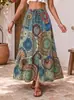 Falda larga estampada de rayón de cintura alta con abertura, falda para vacaciones en la playa, falda acampanada estilo bohemio para mujer
