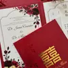 Convite de casamento de luxo estilo chinês com caracteres "feliz" estampados em ouro, envelope com relevo de rosa vermelha, convite para banquete de casamento bilíngue chinês-inglês