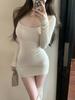 Vestido de lijado grueso, plisado, de manga larga y cuello cuadrado ajustado de Sweet Spice Girl para mujer, falda de cadera ajustada de alta gama de otoño e invierno