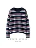 Suéter de Cashmere Listrado em Cores Contrastantes para Mulheres, Pulôver Solto Emagrecedor Estilo Preguiçoso, Suéter de Tricô Gola Redonda