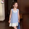 Vestido de Verão para Meninas Modelo 2026, Roupa Infantil com Design Patchwork de Renda, Estilo Doce Vestido de Alça com Estampa de Pombos