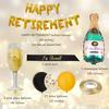Carta de feliz jubilación dorada, globo, copa de vino, botella de vino, globo, combinación, fiesta de jubilación