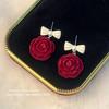 Coreia do Sul novos brincos de tarracha de veludo vermelho com flor de laço, brincos com pino de prata s925, brincos elegantes da moda de celebridade da internet, brincos versáteis