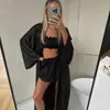 Pijama de Satén Hielo Seda para Mujer 2026 Transfronterizo, Bata de Otoño, Lencería, Conjunto de Tres Piezas con Shorts, Ropa de Casa para Mujer Amigable con la Piel Europea y Americana